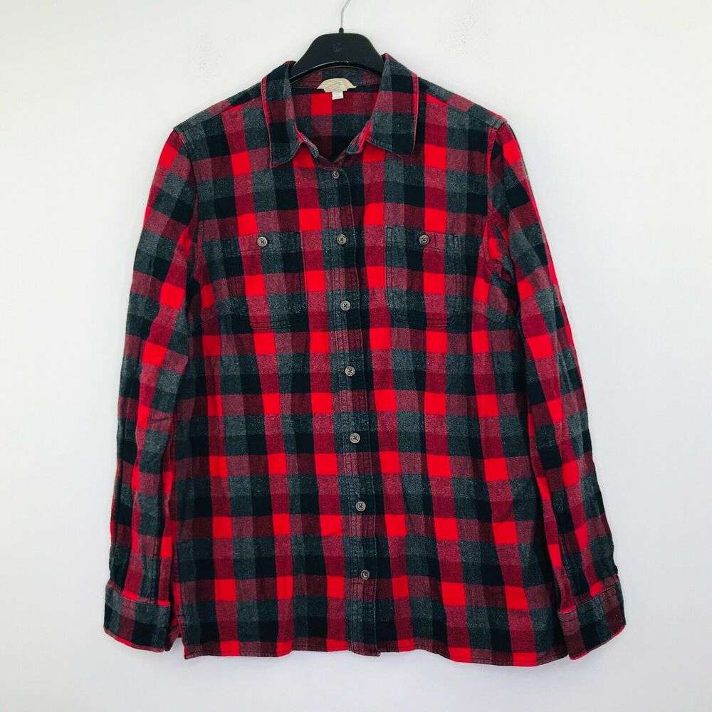 Duluth Women's Medium Shirt Red Black Plaid Long Sleeve Button Up Flannel BT9
